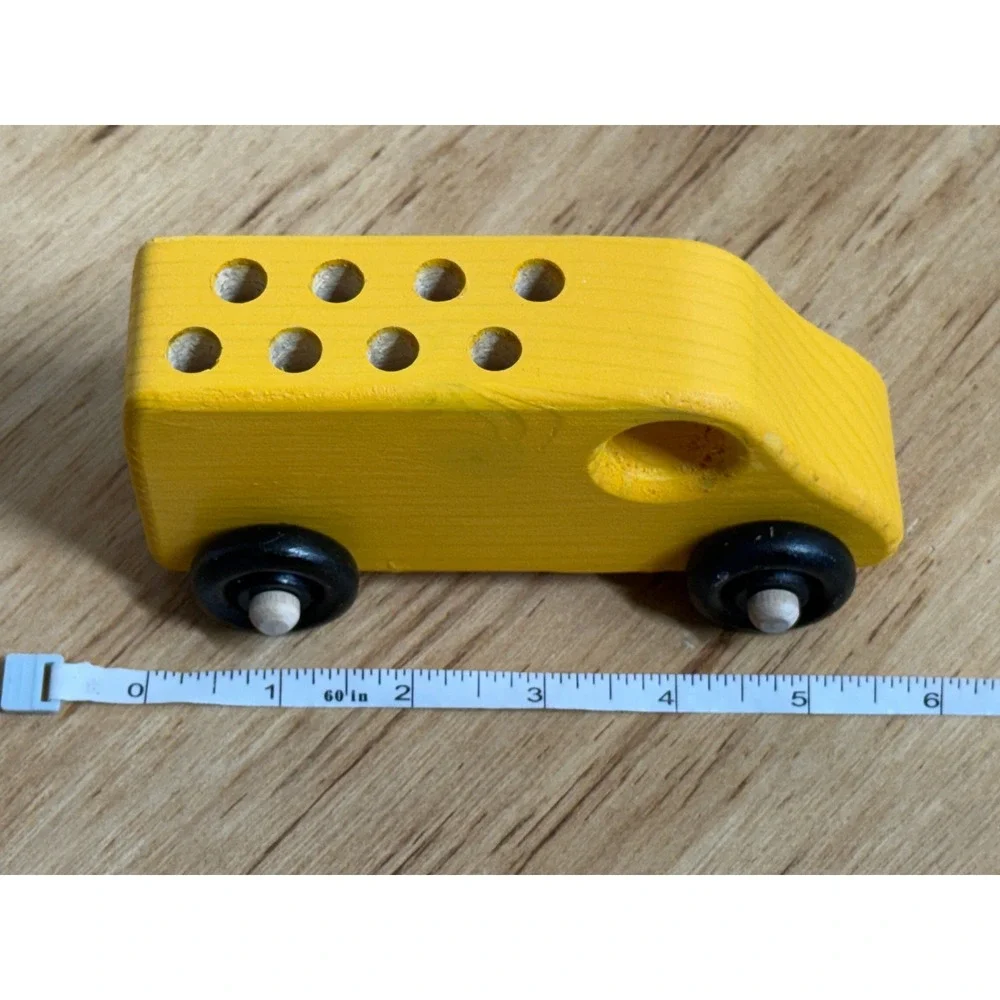 Vintage Yellow‎ Wooden Toy Bus Miniature Rolling Van Montessori Waldorf Toy